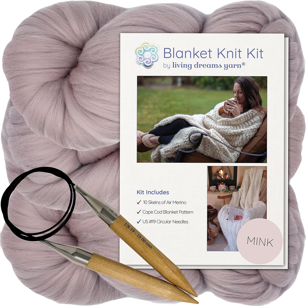 DIY Merino Wool Blanket Knitting Kit: Soft and Thick #7 Weight Jumbo Yarn, Knitting Needles and Pattern. Soft, Cozy, Great for Gifts